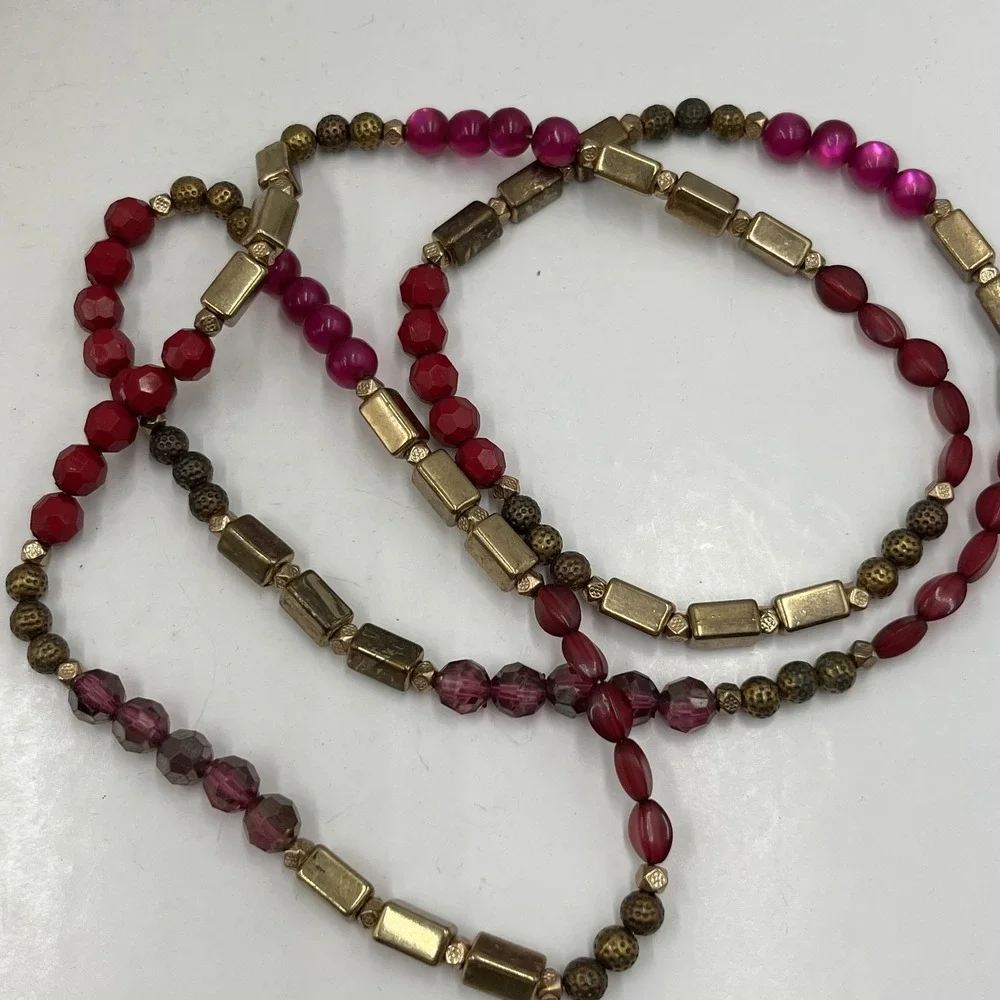 Vintage Red Bead Necklace‎ Gold Tone Accents Long Statement Costume Jewelry Y2K